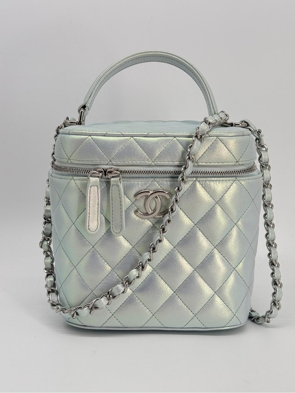 Chanel Vanity Case Iridescent Metallic Blue Leather Handbag